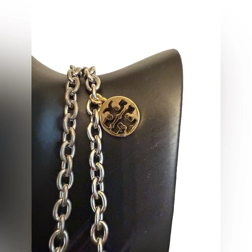 TORY BURCH Silver and Gold-Tone Long Logo Elegant Necklace with Dust Bag